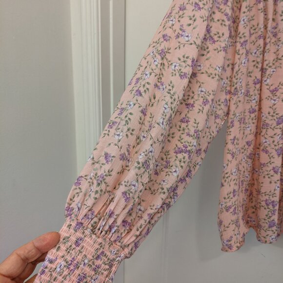 Vintage Nanette Lepore Pink Floral Womens Blouse Large Smocked Tassel Boho Y2K - Picture 6 of 10